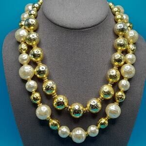 Mid-Century Two Strand Large Bead Necklace, Faux Pearls, Gold Globe Beads, 18 In